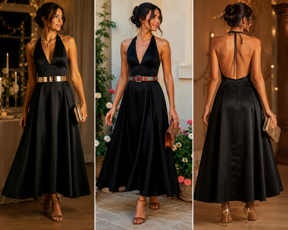 Vtg Scott McClintock Black Satin Halter Gown Cocktail Dress 10 Open Back Boned